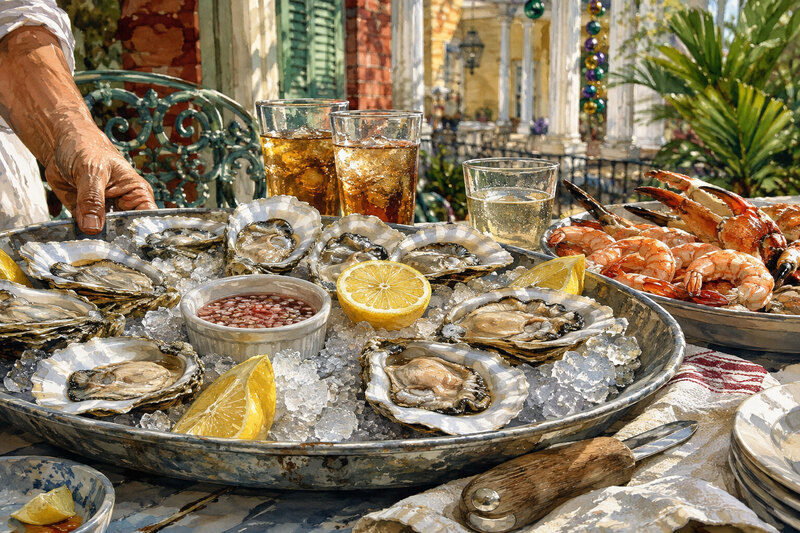Gulf seafood supper on a shaded Mobile patio