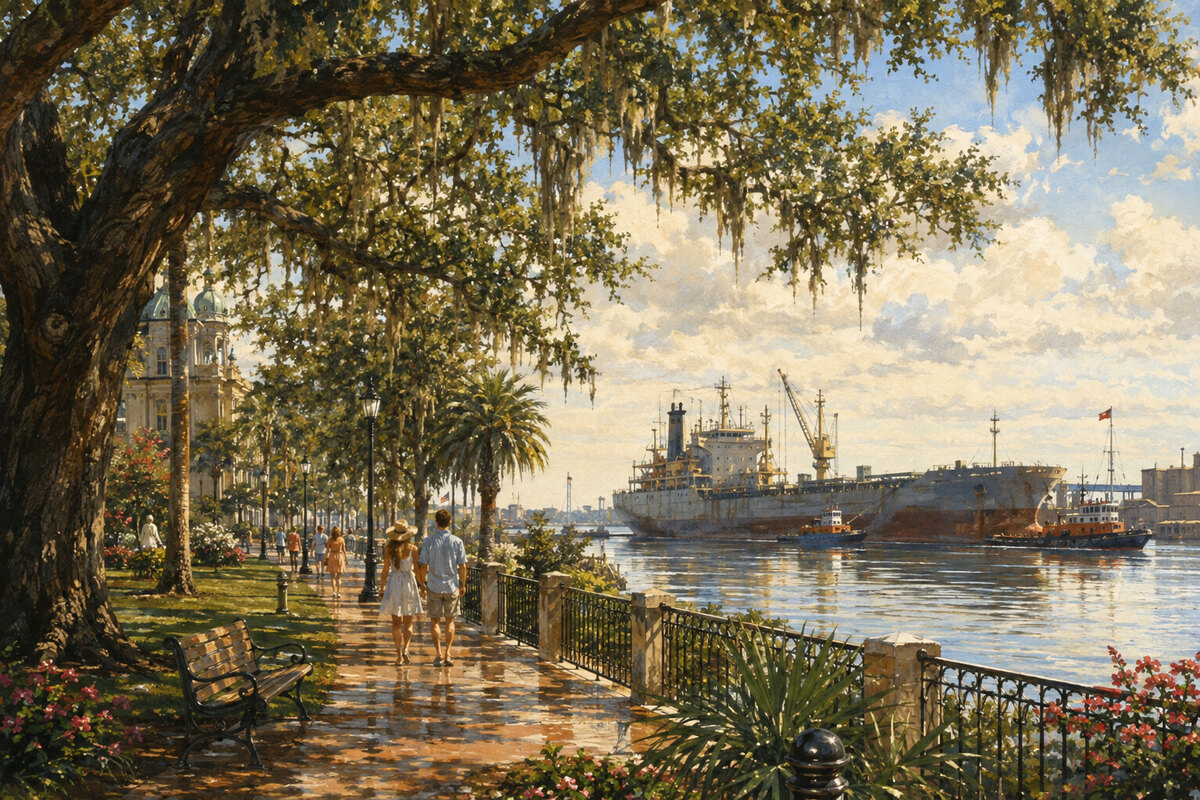 Painterly Mobile River and downtown waterfront in Gulf Coast light
