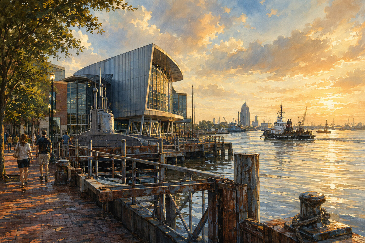 Painterly National Maritime Museum and Mobile River waterfront