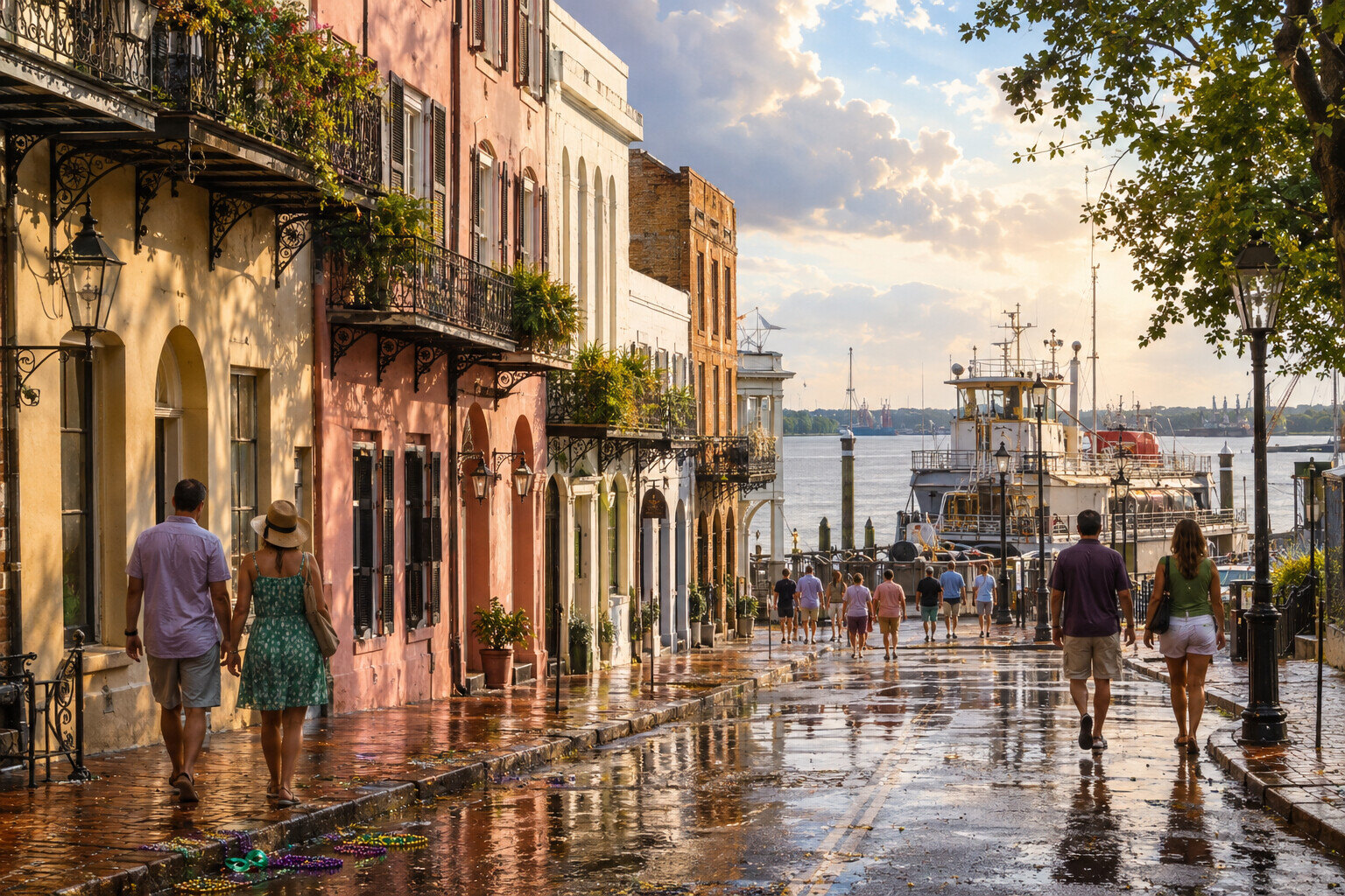 Mobile itinerary scene with downtown streets and Mobile Bay