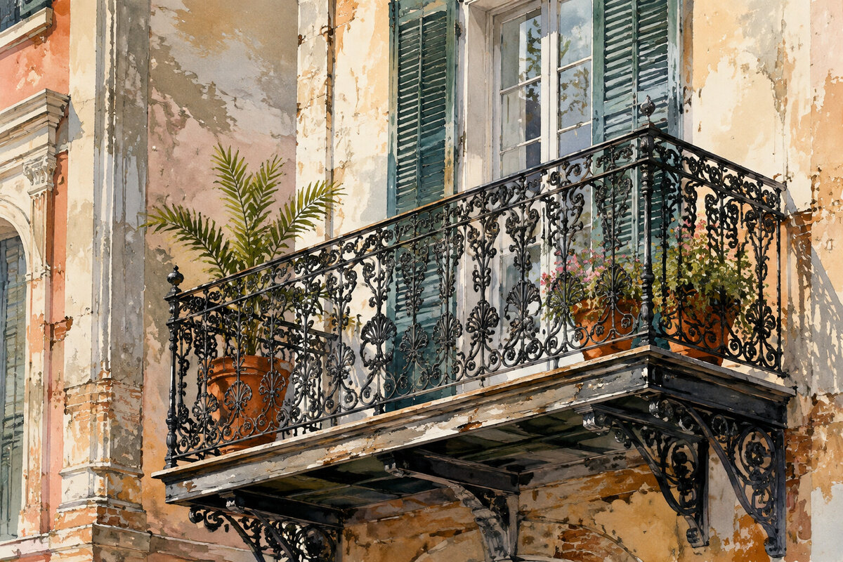 Painterly wrought iron, brick, and stucco details in historic Mobile