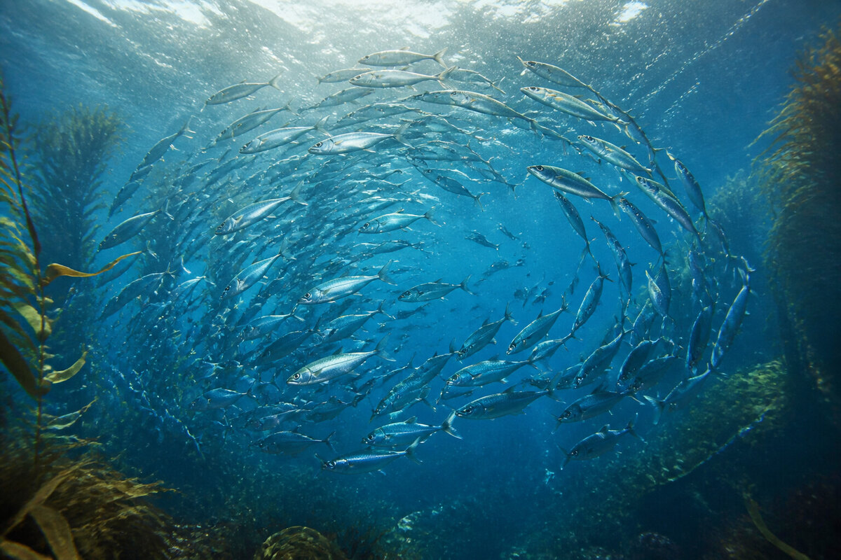 Deep-blue open-sea gallery with schooling fish