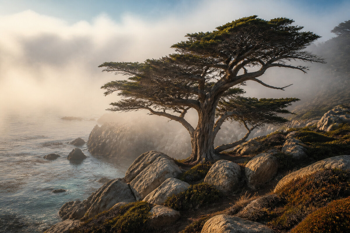 Marine fog and cypress above Monterey Bay