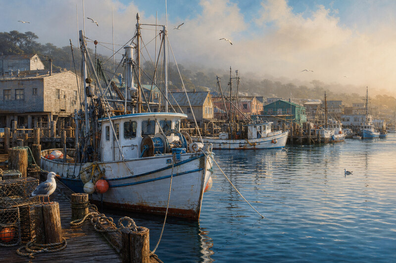 Working boats and sailboats in Monterey Harbor