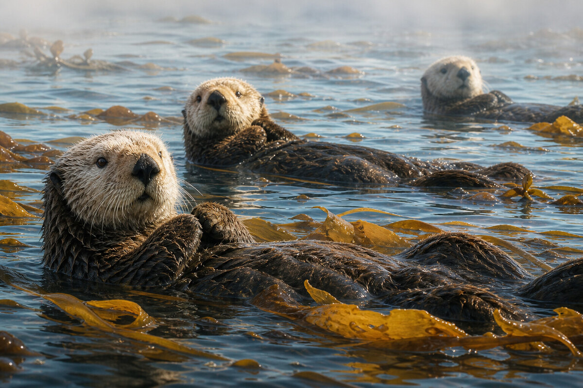 Sea otters resting in kelp on Monterey Bay