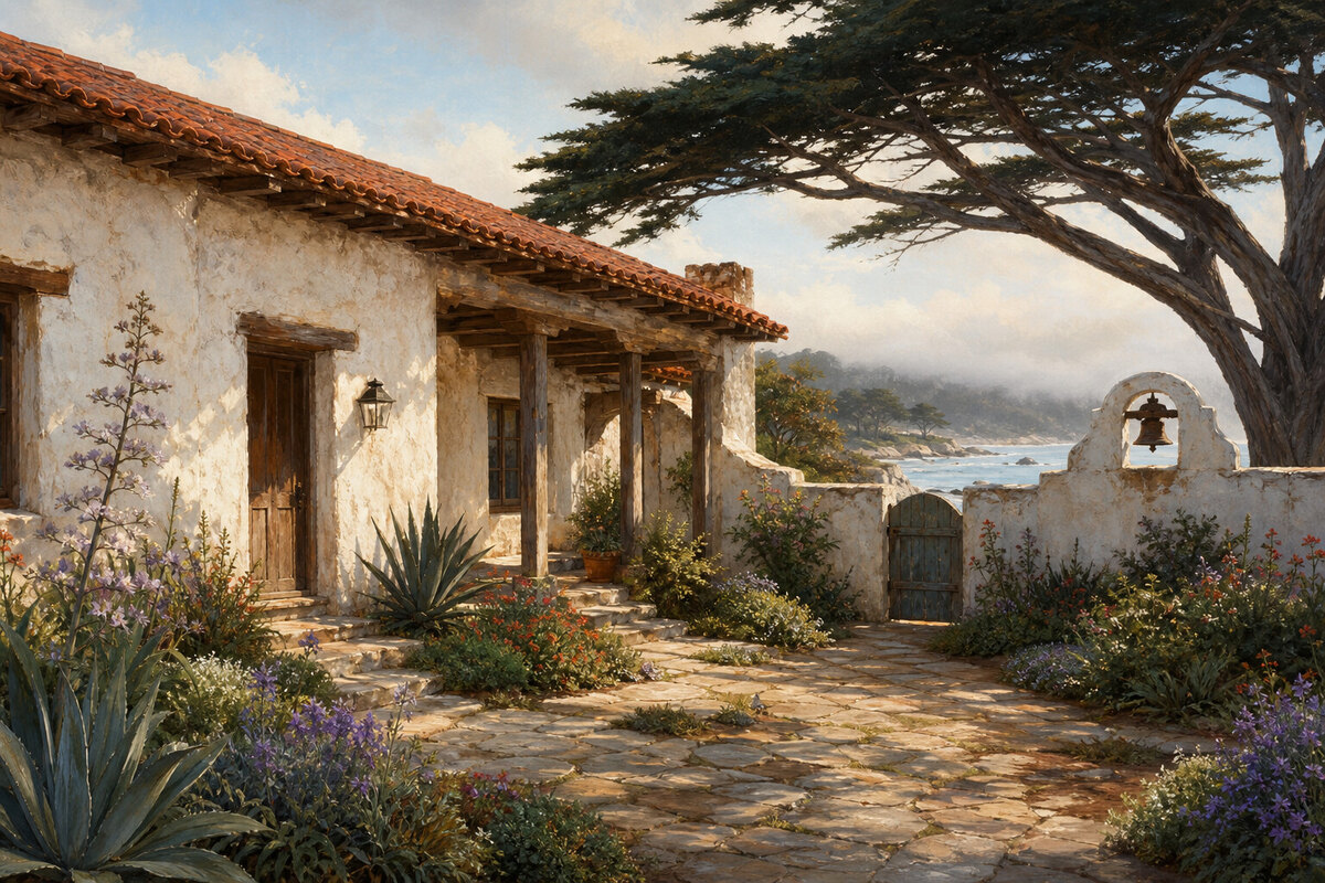 Historic adobe buildings and garden path in Monterey State Historic Park