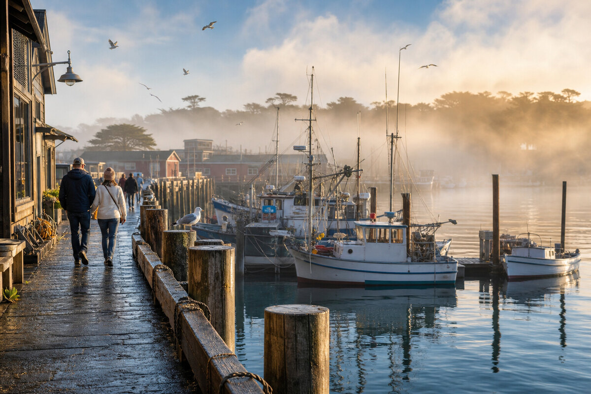 Travelers walking beside Monterey Bay at golden hour