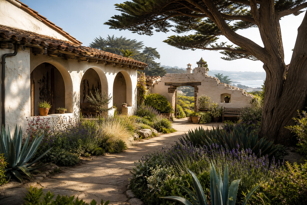 Shaded adobe courtyard and garden in Old Monterey