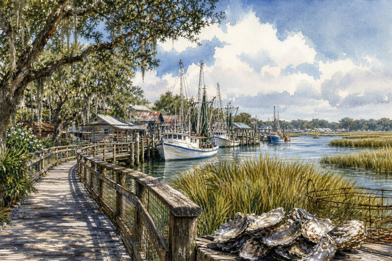 Watercolor view of shrimp boats, docks, and marsh beside the Murrells Inlet waterfront