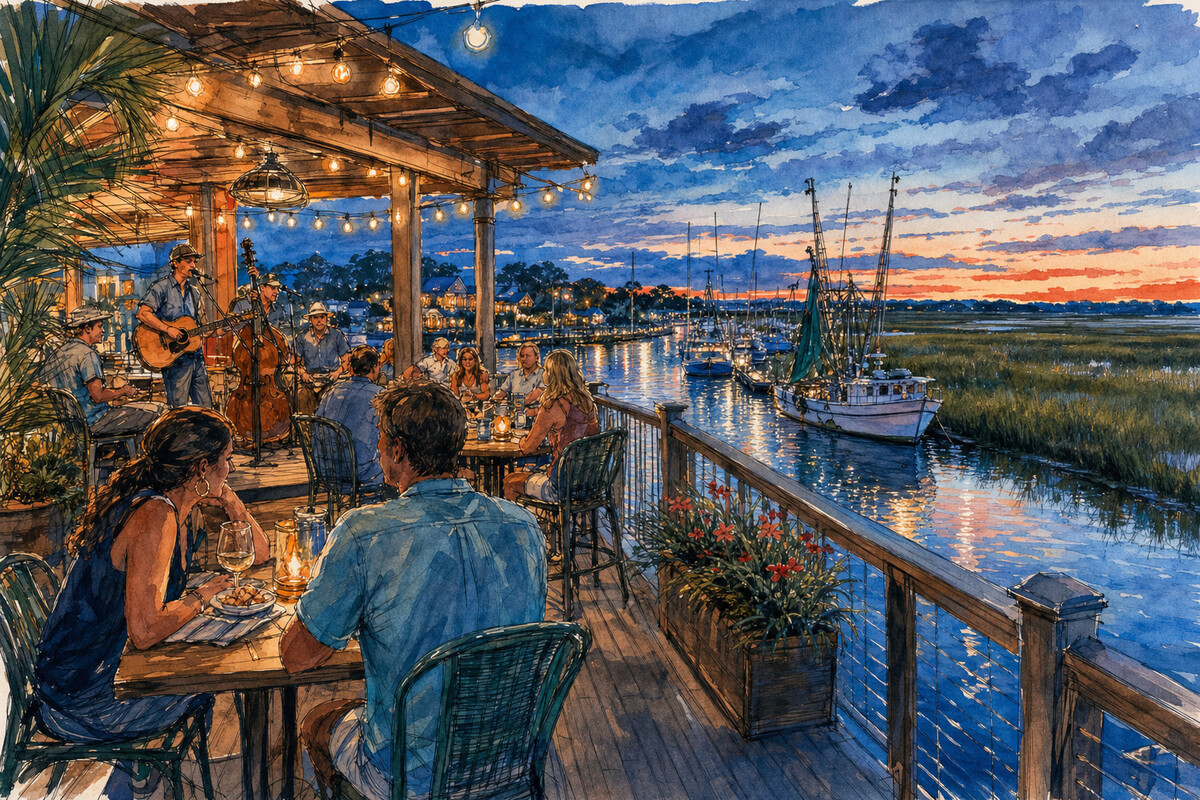 Outdoor dining and live acoustic music beside the Murrells Inlet MarshWalk at twilight