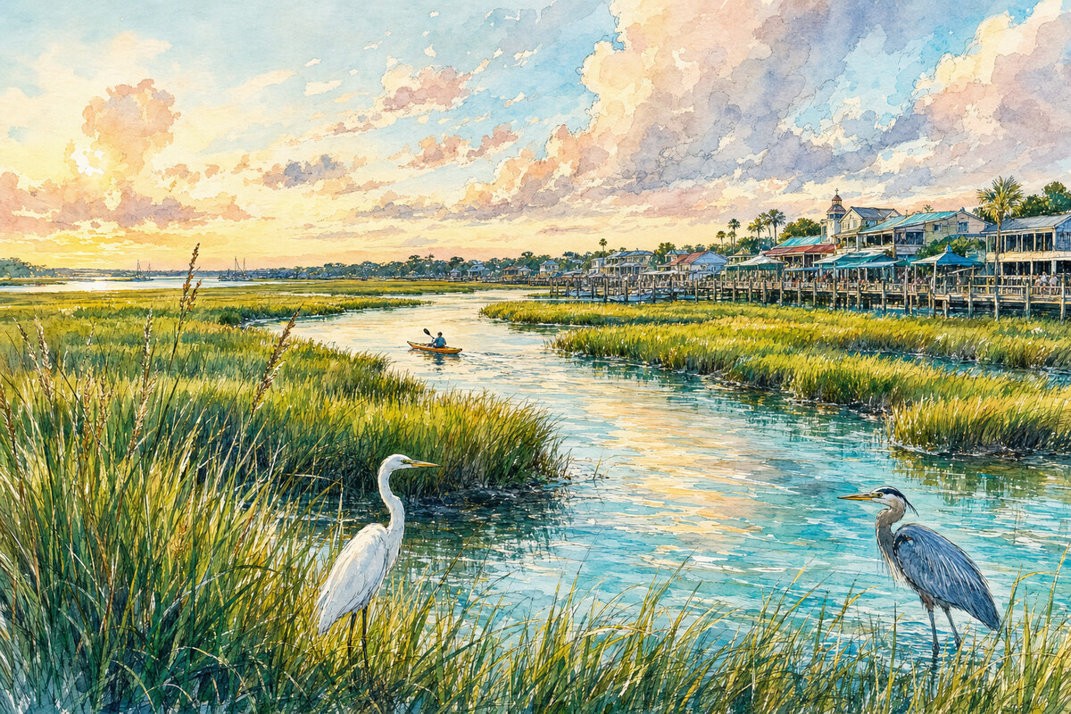 Egret, heron, and kayaker in a Murrells Inlet tidal creek at golden hour