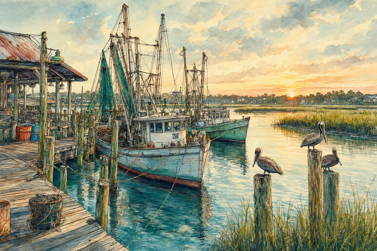 Working shrimp boats and pelicans beside the docks at Morse Park Landing