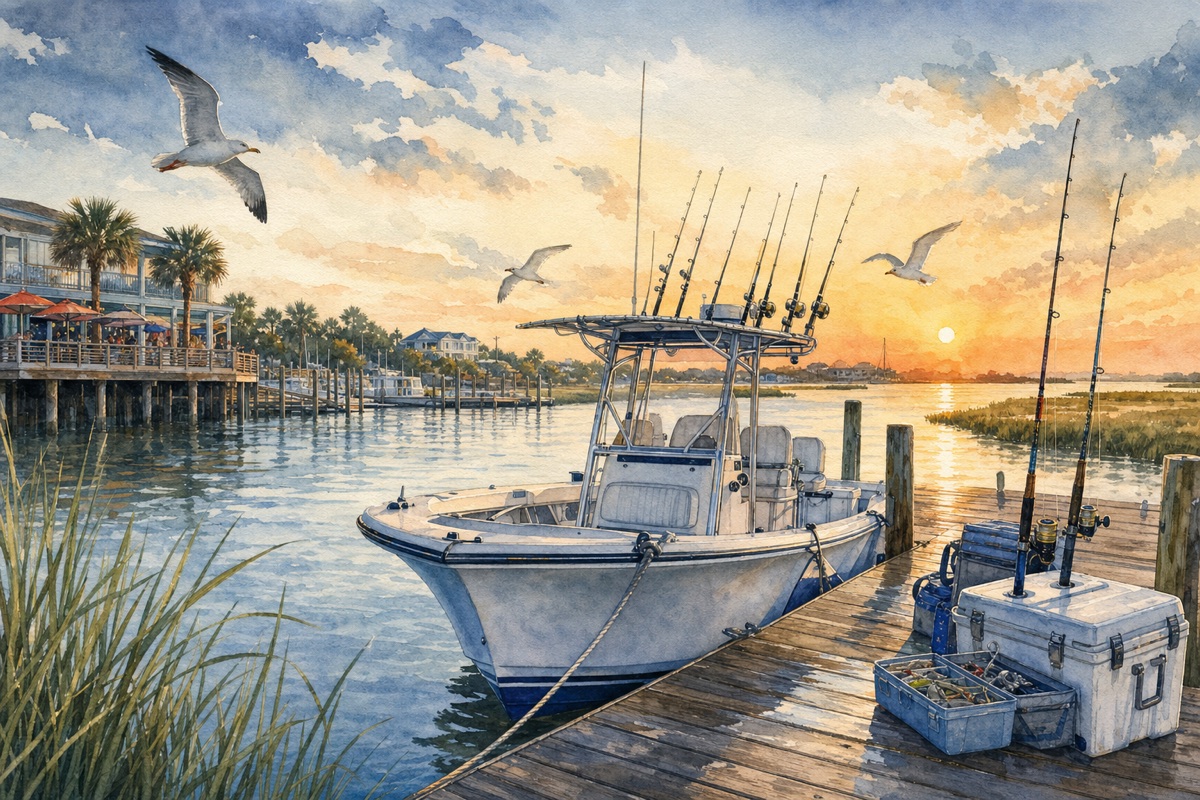Watercolor cue art of a Murrells Inlet charter boat with rods ready at sunrise