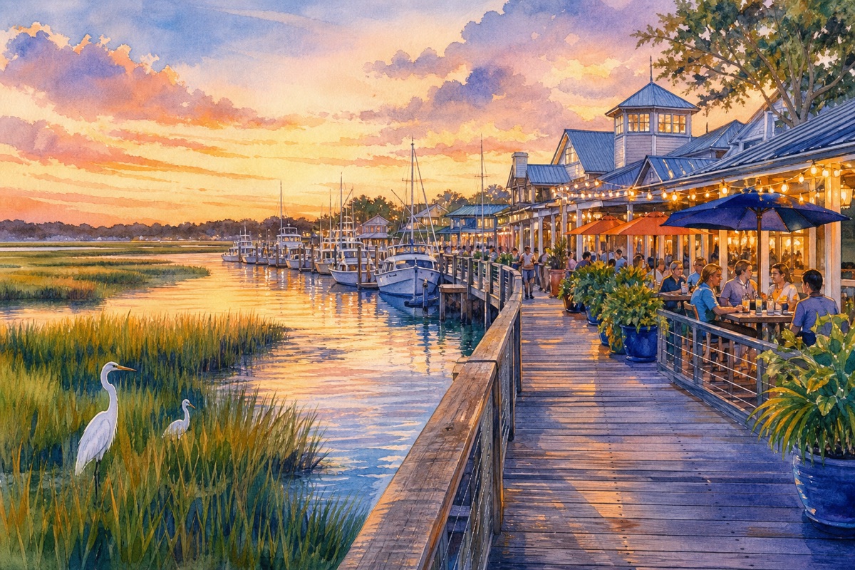 Watercolor cue art of the Murrells Inlet MarshWalk boardwalk, marsh birds, boats, and sunset dinner patios
