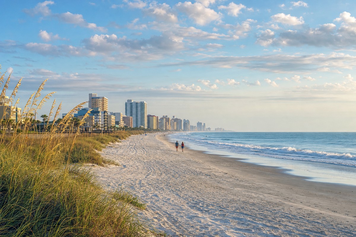 Myrtle Beach oceanfront hotels beyond a wide morning beach
