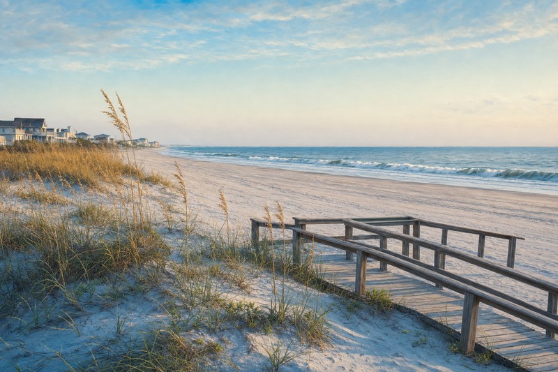 Dunes and wide Atlantic beach on the south Grand Strand