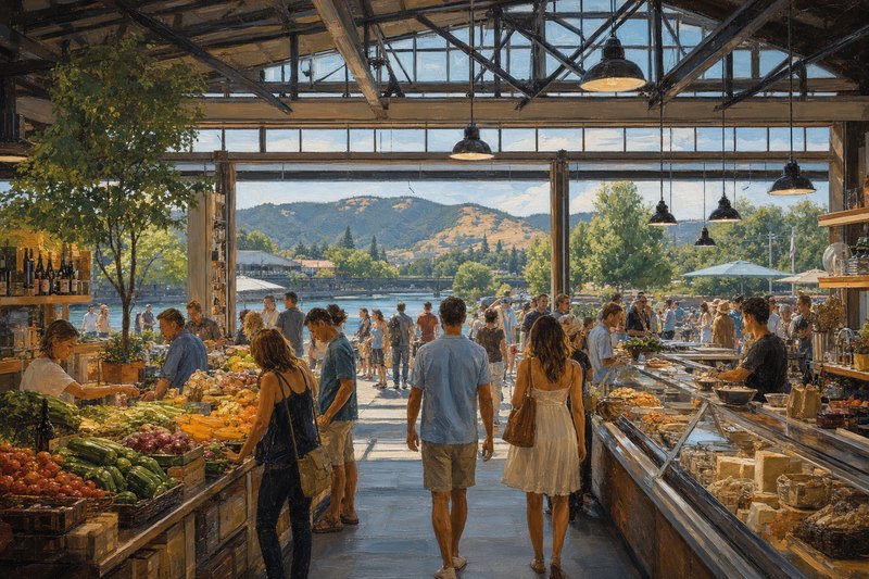 Painterly view of Oxbow Public Market and downtown Napa