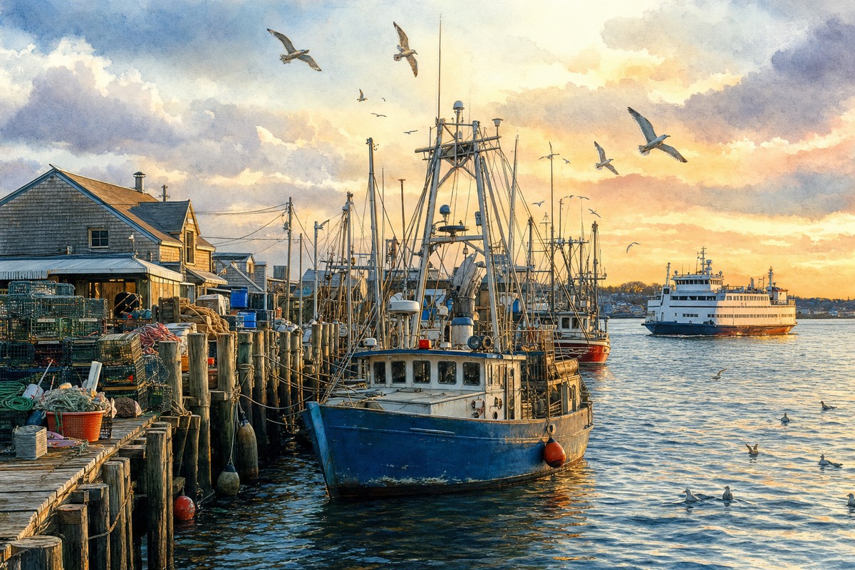 Painterly view of commercial fishing boats and ferry traffic in the Port of Galilee