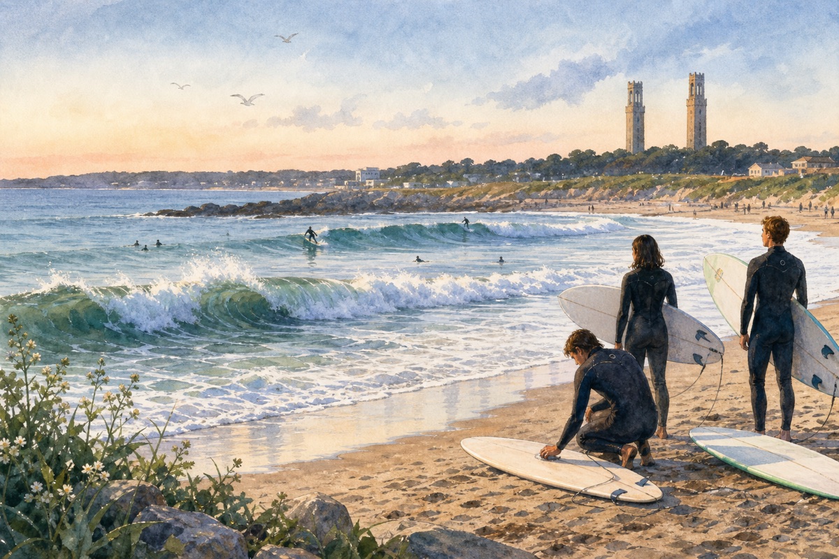 Watercolor cue art of Narragansett Town Beach surfers checking boards in clean morning waves