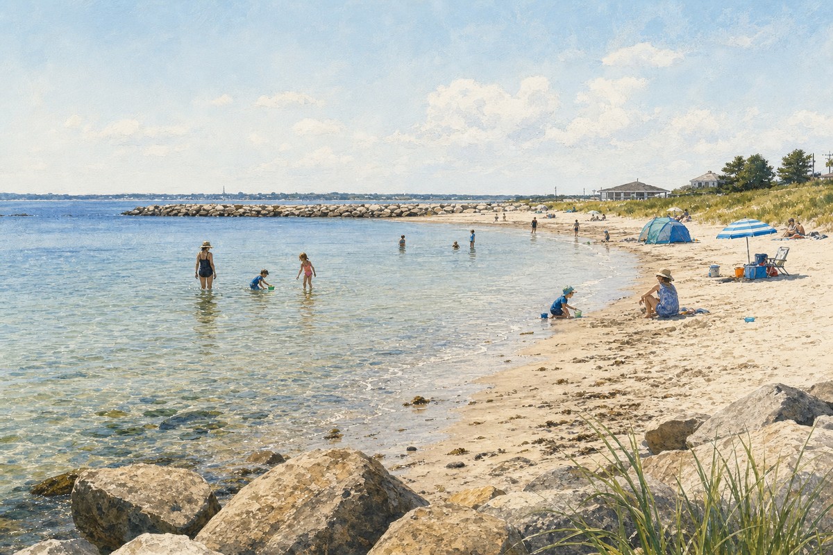 Painterly view of a sheltered family beach near Point Judith