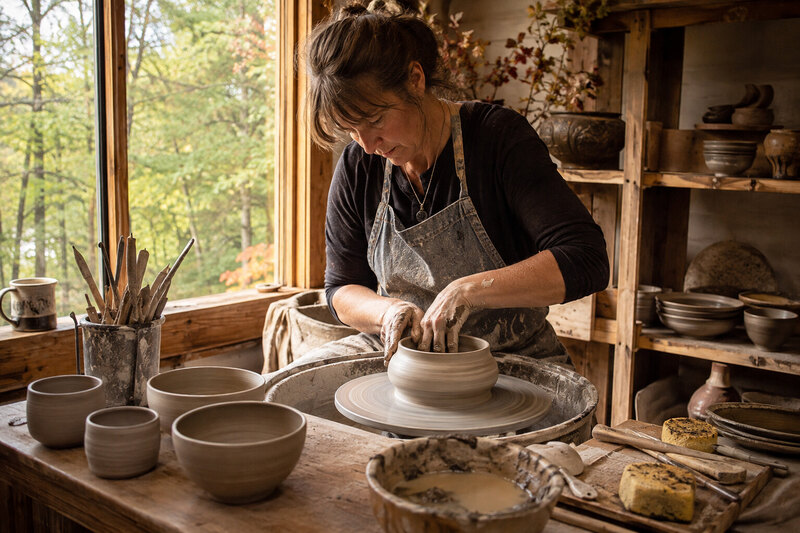 Brown County artist working at a studio table