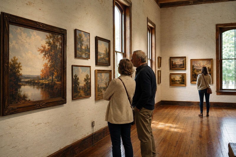 Brown County gallery interior with landscape paintings