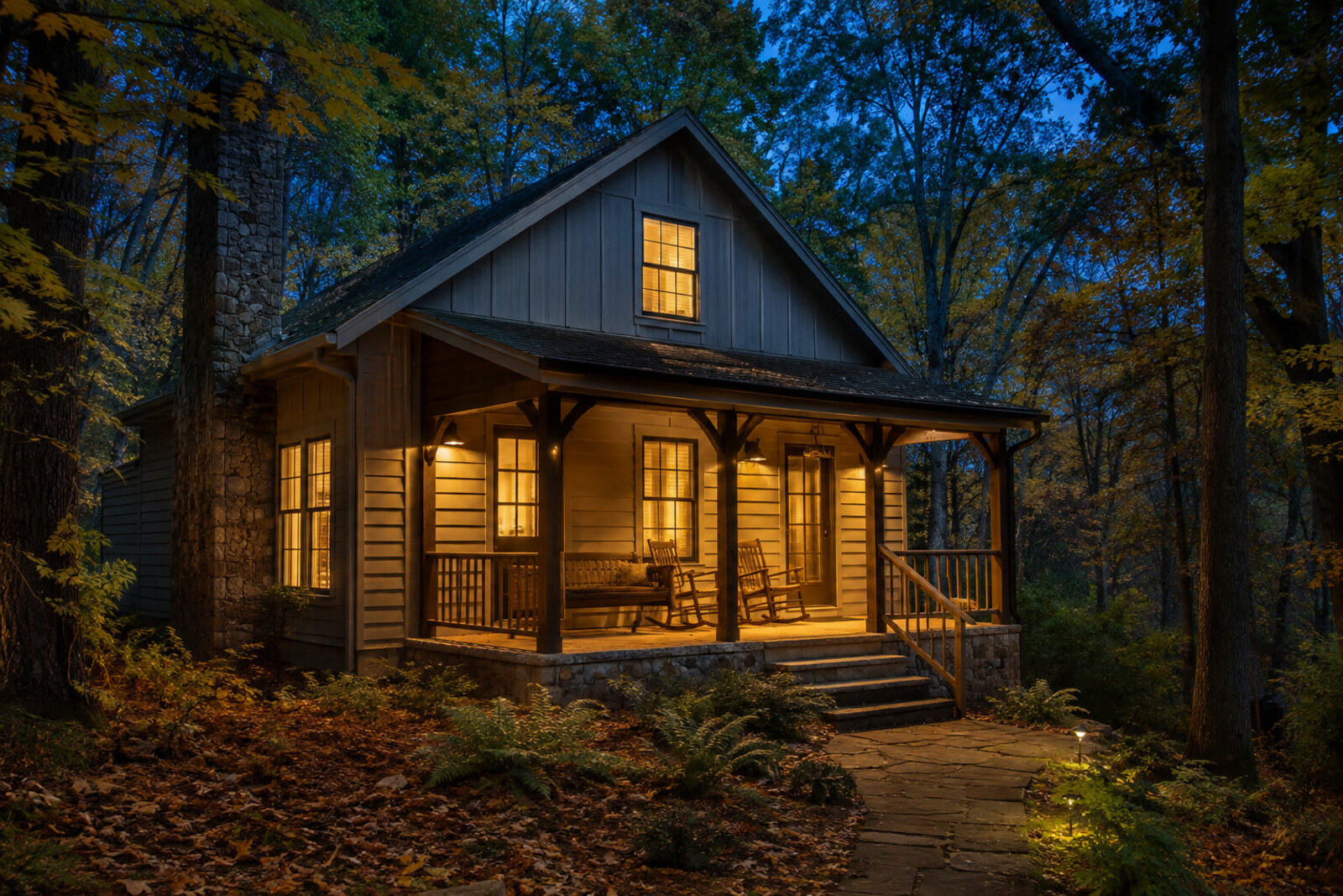 Warm cottage porch near Nashville Indiana at dusk