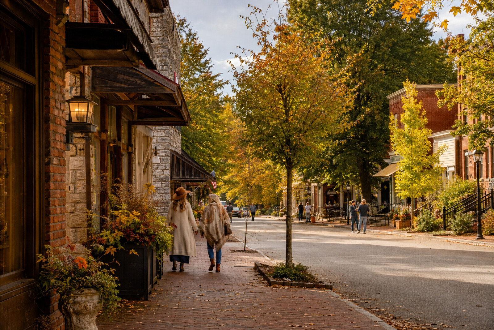 Nashville Indiana village street framed by Brown County hills