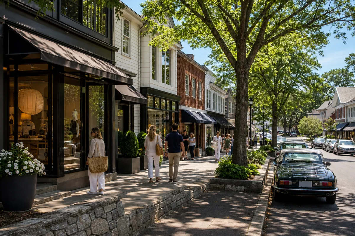 Elm Street and the walkable center of New Canaan