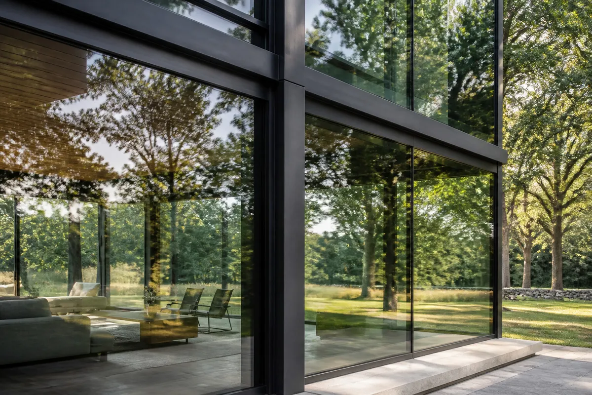 Glass and dark steel modernist architectural detail