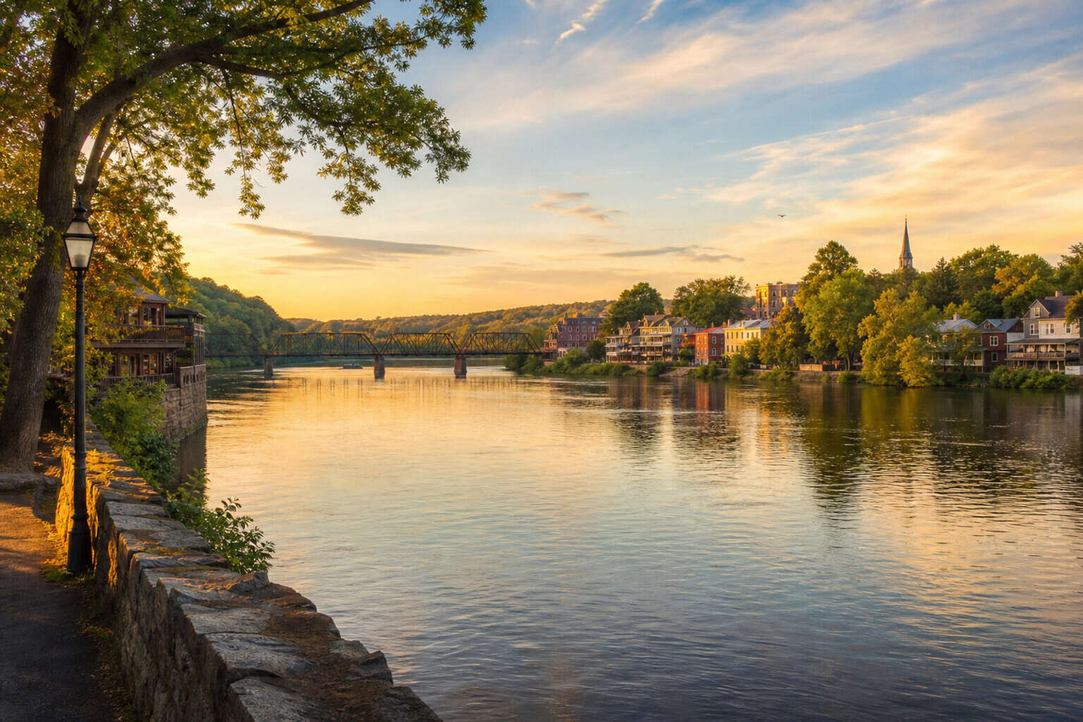New Hope Pennsylvania riverfront at golden hour