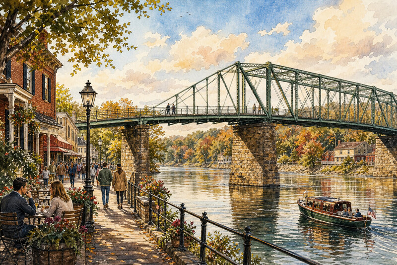 Contextual view of a Delaware River town bridge walk