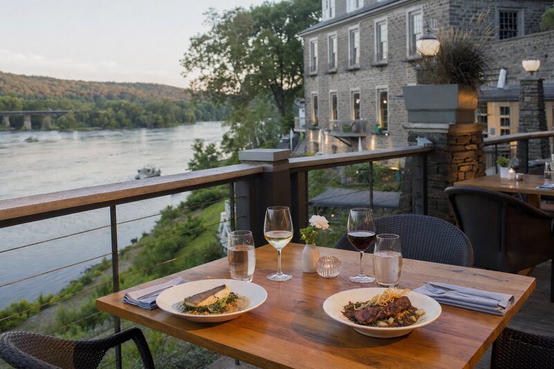 Contextual riverside restaurant table near the Delaware River