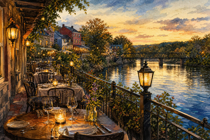 Contextual riverside restaurant table near the Delaware River
