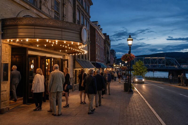 Contextual performing arts evening in a river town