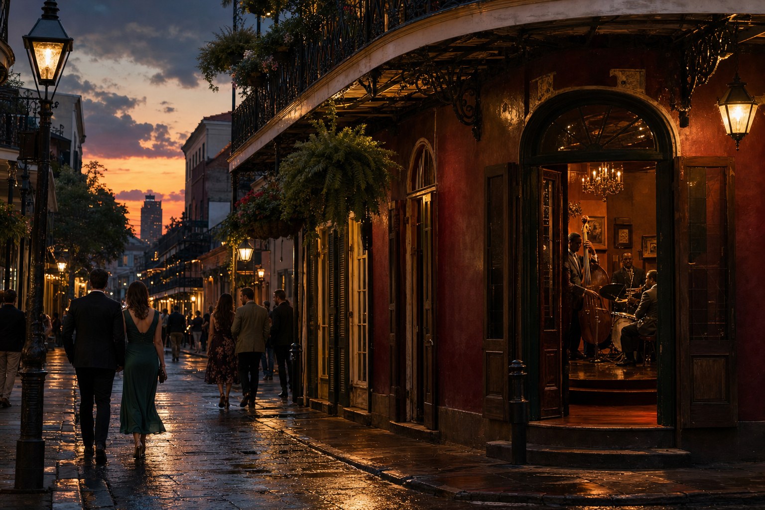 Live jazz and evening street life in the French Quarter