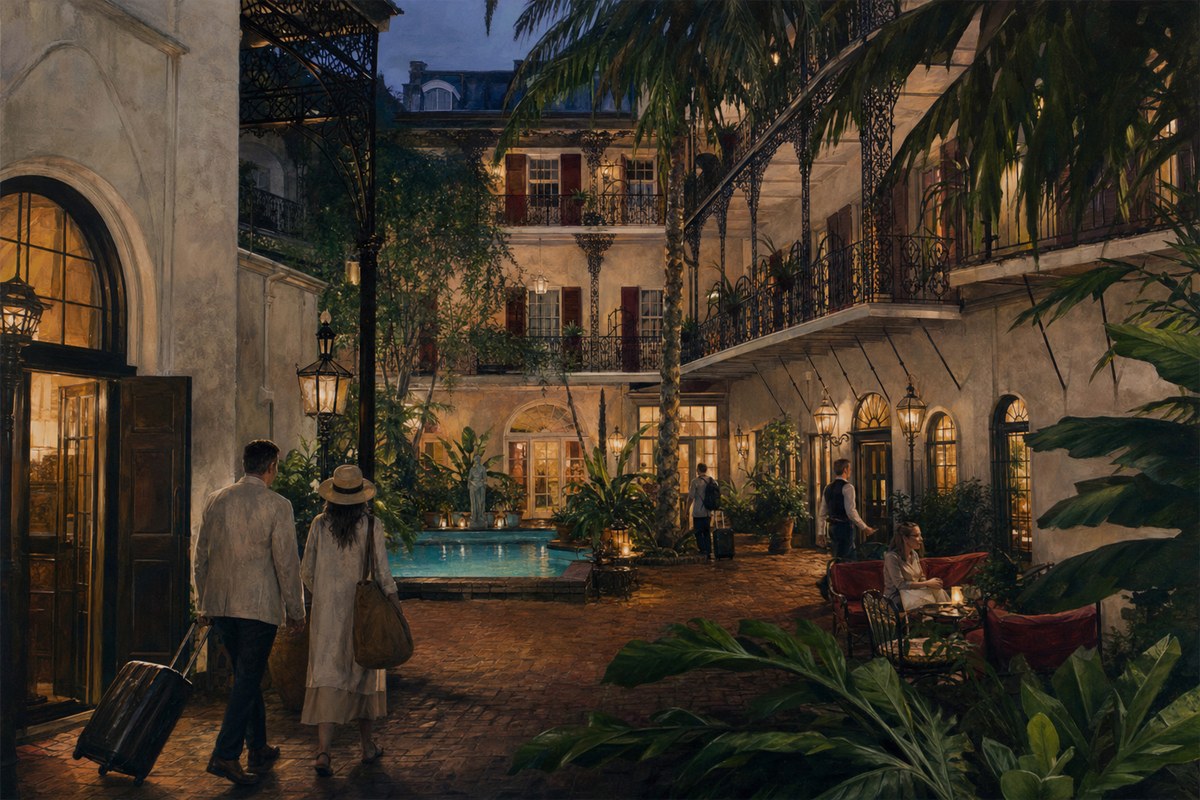 Historic French Quarter hotel courtyard at blue hour
