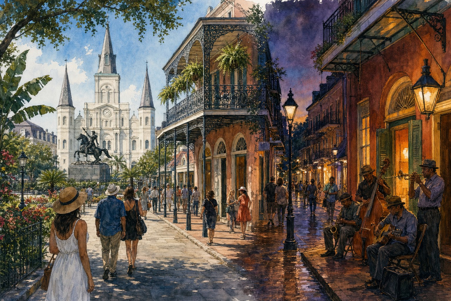 French Quarter architecture transitioning from Jackson Square daylight to an evening music street
