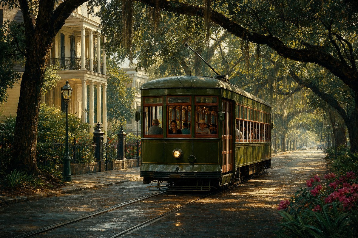 Green St. Charles streetcar beneath live oaks