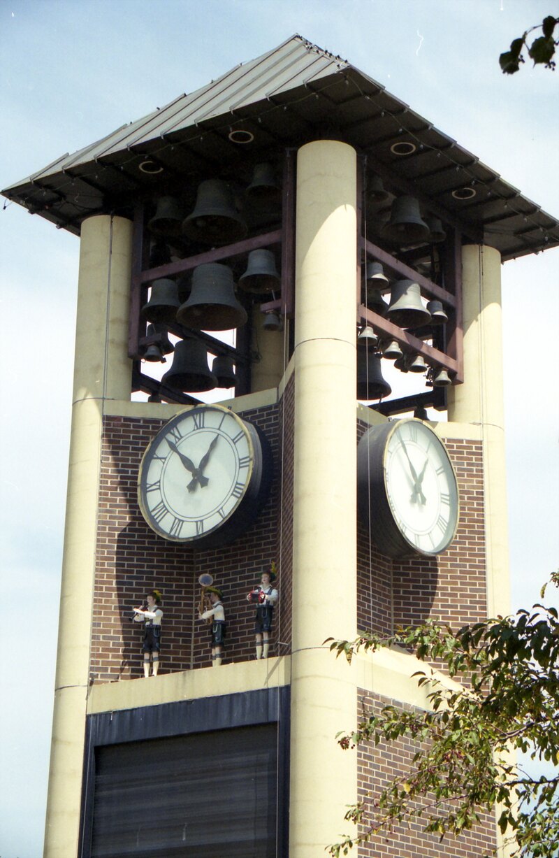 New Ulm Glockenspiel tower with clocks, bells, and musician figures