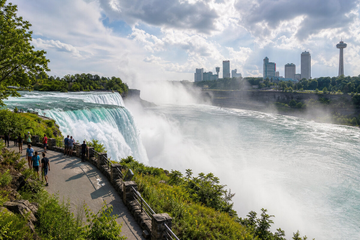 Watercolor illustration of Niagara Falls New York park rhythm from Goat Island