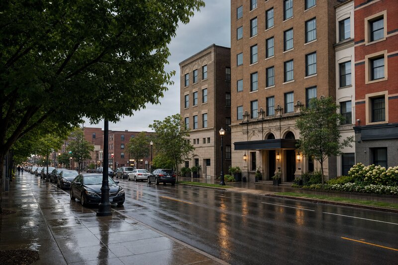 Contextual downtown Niagara Falls lodging district streetscape