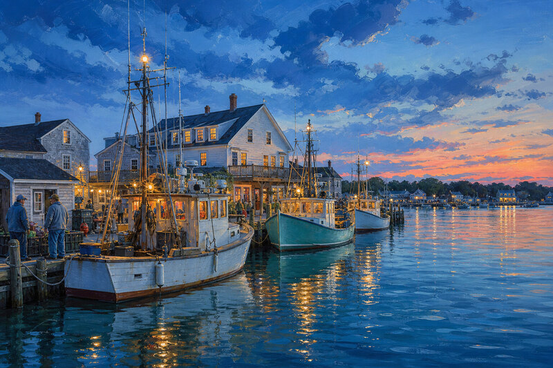 Boats in Niantic Harbor during the evening