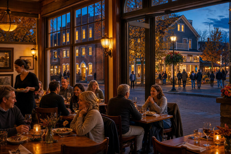 North Conway village restaurant windows in the evening