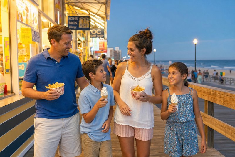 Family snacks on the Ocean City boardwalk at evening