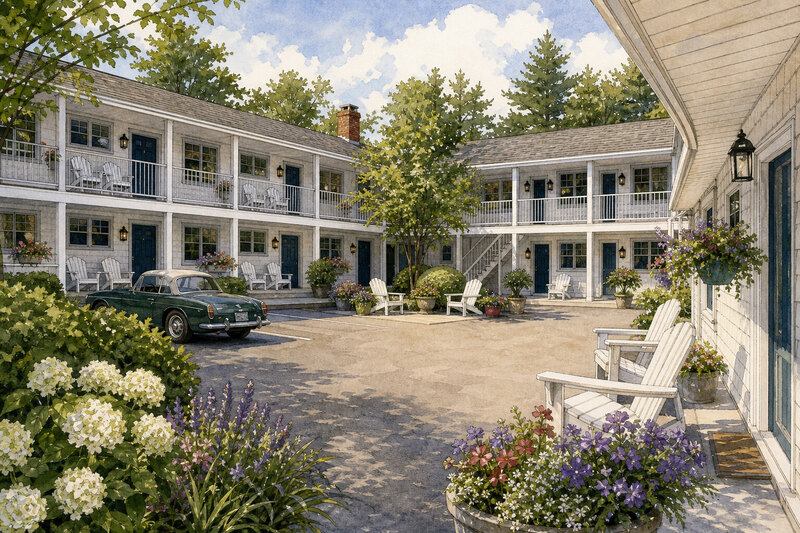 A classic Ogunquit motel courtyard