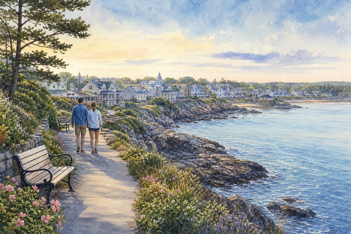 Watercolor cue art of Ogunquit Marginal Way above rocky Atlantic shoreline in morning light