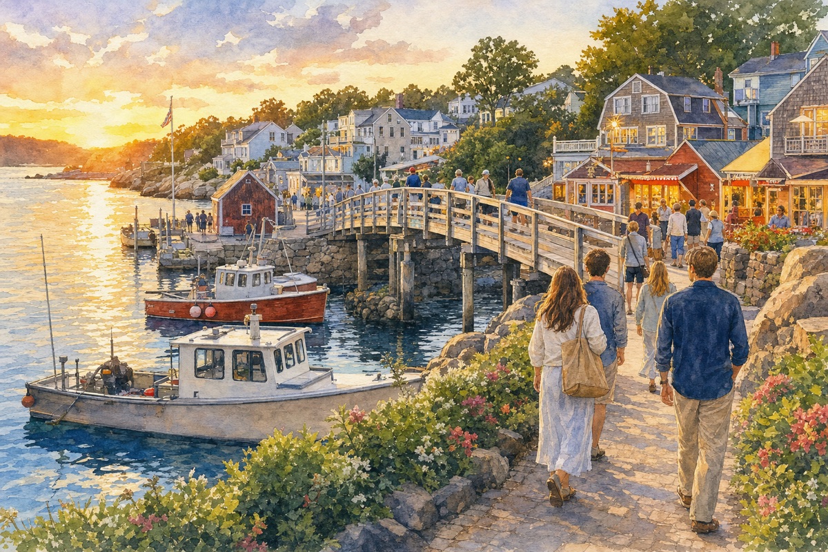 Watercolor cue art of Perkins Cove footbridge, harbor boats, and dinner patios in late-day light