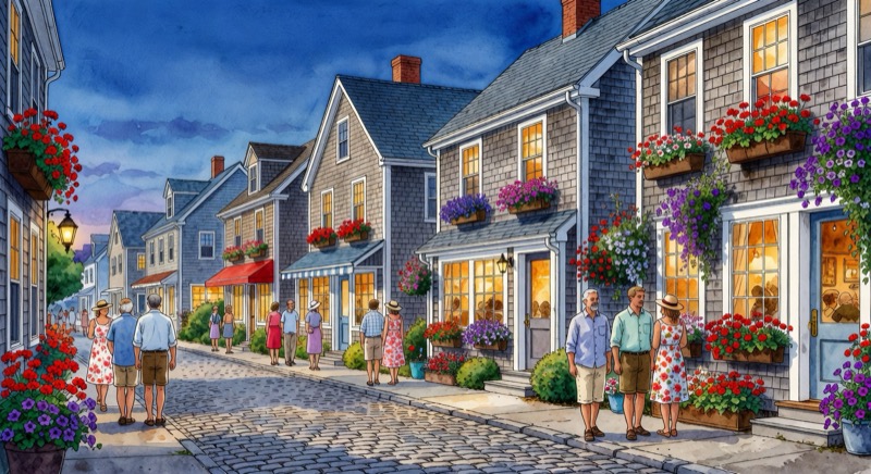 Shore Road restaurants at evening in Ogunquit
