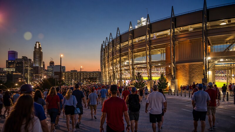 Baseball lights and evening crowd in Omaha